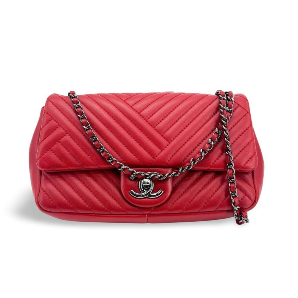 Chanel Chevron Coco Mark Flap Shoulder Bag Red with Silver Hardware